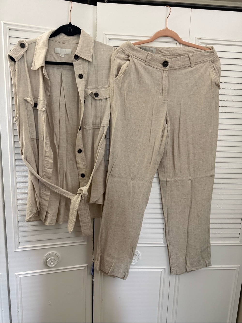 Zara Beige Linen-Blend Tailored Trousers